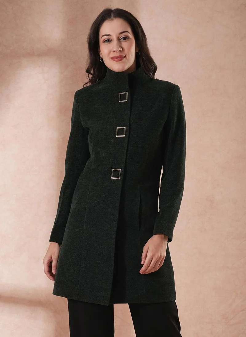 globus Globus Women Mandarin Collar Self Design Single-Breasted Overcoat